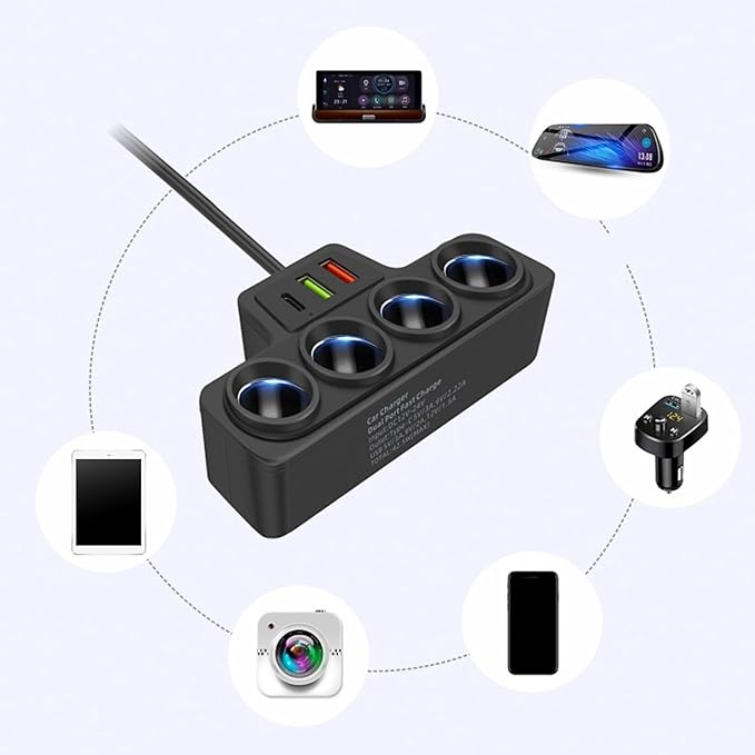 Type C USB Car Charging Adapter 12V/24V Vehicles Power Socket Splitter for Dashcam/Phones Safe Charging Black
