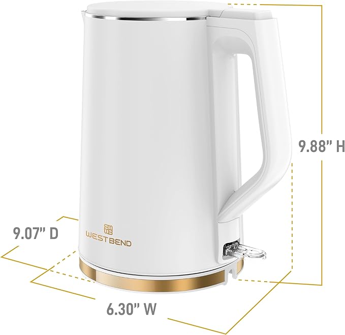 West Bend Timeless Electric Kettle Cordless Serving Features Stainless Steel Interior Boil Dry Protection and Auto Shut Off, 1.5-Liter, White/Gold