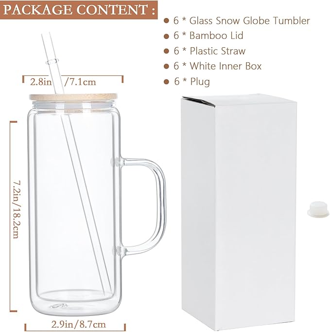 20 Oz Glass Snow Globe Tumbler with Handle, 6 Pack Pre-Drilled Double Wall Snowglobe Cup Coffee Mug for DIY Glitter Snow Globe, Outside 20 Oz Inside 16 Oz