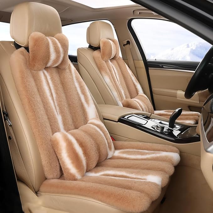 Luxury Plush Car Seat Cushion Set Car Headrest & Lumbar Support & Seat Cushion & Back Support Pillow Fluffy Fuzzy Car Seat Covers Non-Slip Cushion for Universal Accessories Automobiles (8, Khaki)