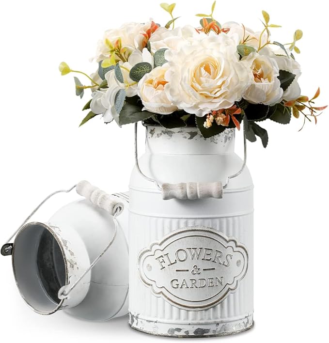 APSOONSELL French Style Shabby Chic Decor White Farmhouse Metal Flower Vase Galvanized Decor for Kitchen, Bathroom, Sparklers for Weddings