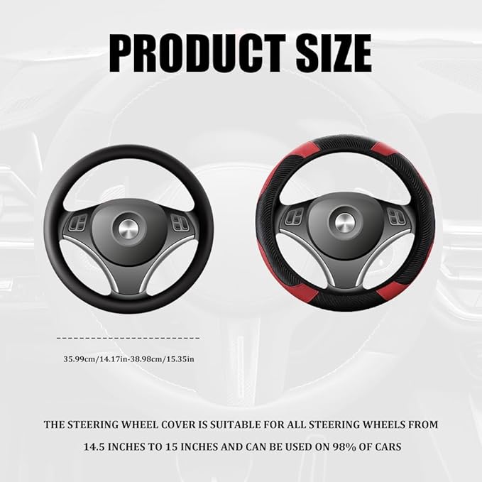 Car Steering Wheel Cover, Steering Wheel Cover Protector, 15 Inch Carbon Fiber Microfiber Leather Elastic Steering Wheel Protector, Car Steering Wheel Accessories for Vehicles (Black red)