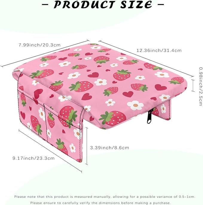Dreaweet Car Center Console Cover Cute Strawberry Arm Rest Cover for Car Women Soft Thick Center Console Armrest Pad with Pockets Soft Comfortable Car Armrest Storage Box Mat