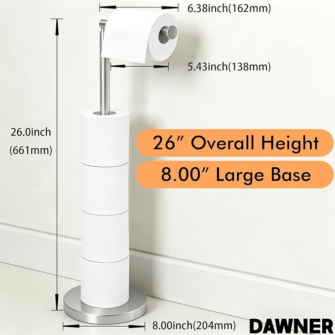 DAWNER 26" Heavy Duty Toilet Paper Holder Stand, Free Standing Toilet Paper Holder, Brushed Nickel Bathroom Toilet Paper Roll Holder, Stainless Steel Tissue Holder for Bathroom, Anti-Tipping Base