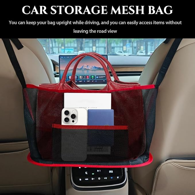 Car Net Pocket Handbag Holder, Purse Holder for Car, Driver Storage Netting Pouch for Handbag Purse, Mesh Vehicle Storage Organizer Between Front Seats Universal for SUV Truck RV (Red)