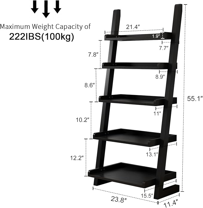 AQIMUELE Black Wooden Ladder Shelf with Edges, 5-Tier Modern Leaning Bookshelf Ladder – Stylish Space-Saving Bookcase for Living Room, Bedroom & Home Office