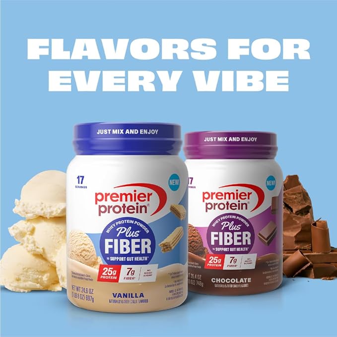 Premier Protein Powder Plus Fiber, Vanilla, 25g Protein, 7g Fiber to Support Gut Health, No Added Sugar (17 Servings)