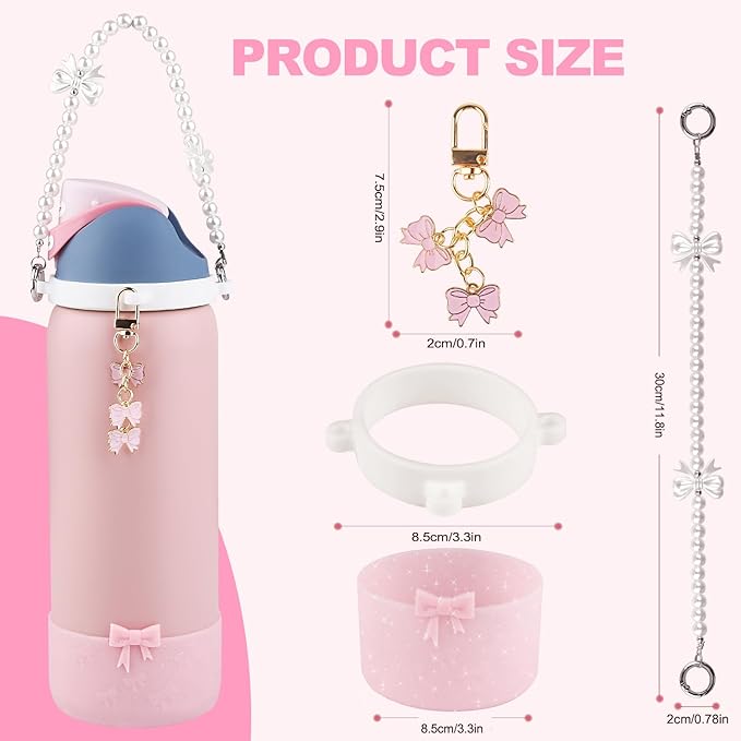 Water Bottle Accessories Set for Owala FreeSip 24oz、32 oz– Includes Pearl Handle Strap, Bow Charms,2.9in .3inch Silicone Bling Boot for Owala Accessories for Women