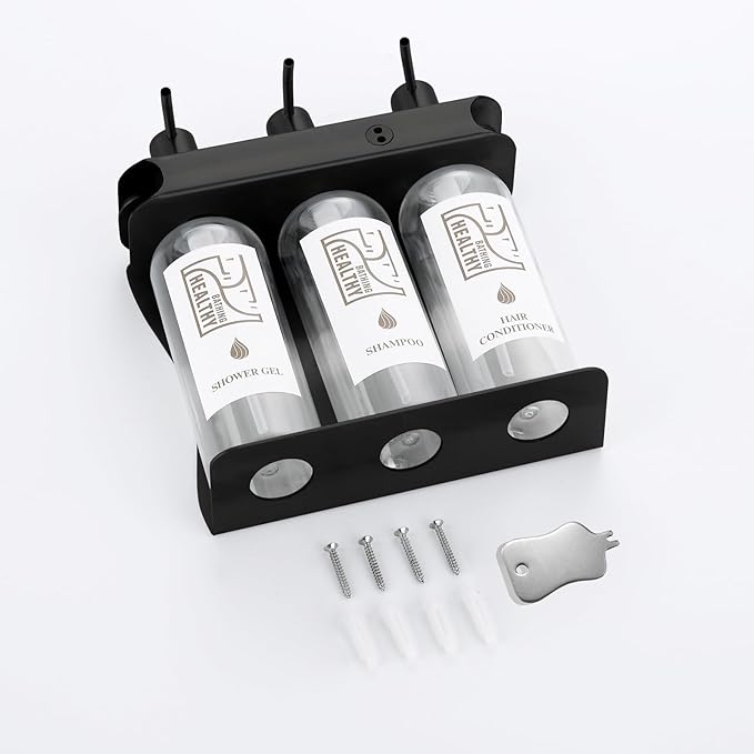 Black Shampoo, Conditioner, Shower Gel Dispenser 3 Room refillable Shampoo and Conditioner Pump Bottle Wall-Mounted Slot Shower soap Dispenser (KCHS-3)
