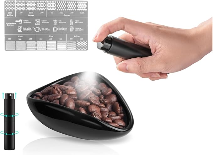 Coffee Bean Dosing Cup, Capacity 20-30g, Measuring Cup with 10ML RDT Spray Bottle and Grind Size Ruler, Ultimate Coffee Kit 3-in-1 Pro Set, Espresso Lover Gift, Tea Bar Accessories Kit (Black Ceramic)