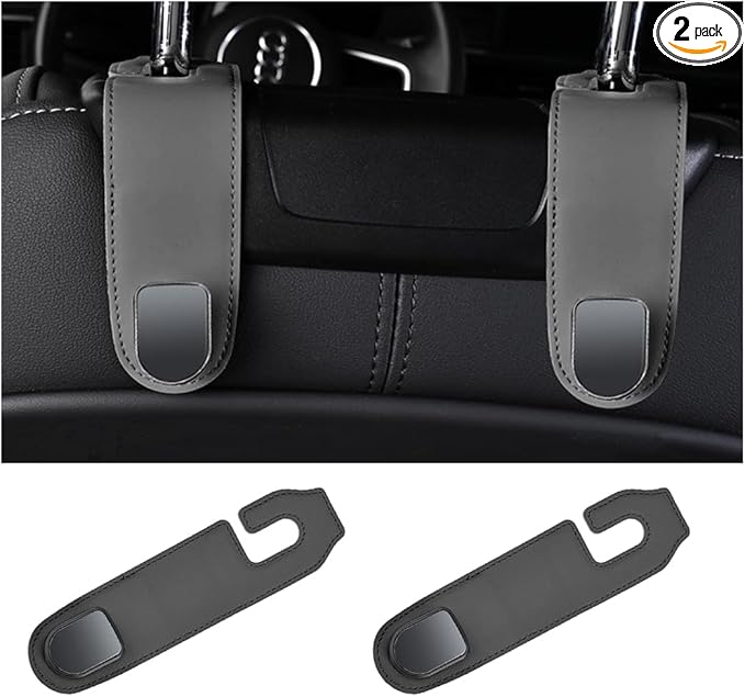 2PCS Car Headrest Hook, Leather Automotive Back Seat Hanger Holder Hooks Storage Organizer for Purse Drink Grocery Bag Coat Handbag, Vehicle Organization Accessories, Universal Fit（Black）