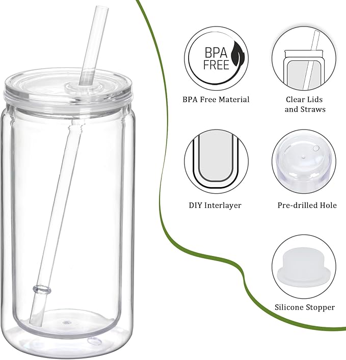 16 Oz Plastic Snow Globe Tumbler with Lid and Straw, 16 Pack Double Wall Pre Drilled Plastic Mason Jar Cups Can for Snow Globe Glitter DIY Gift(Clear)