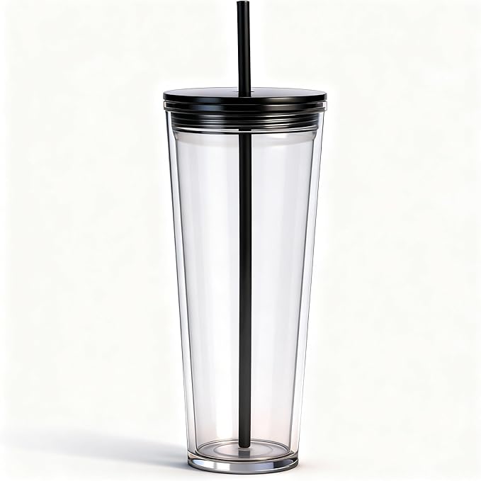 24oz Tumbler with Lid and Straw, Leak Proof and Double Wall Insulated Reusable Plastic Cups,Travel Reusable Iced Coffee Cup (1, Black)