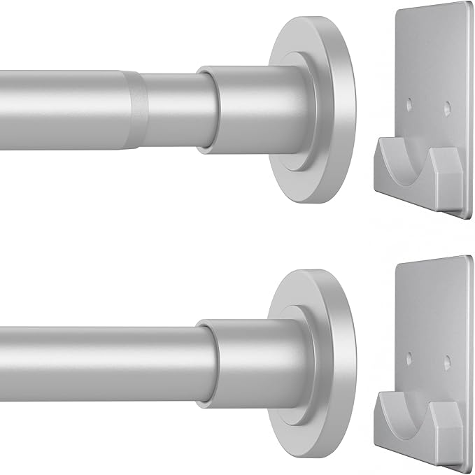CorkLatta Matte Silver Shower Curtain Rod,1 Inch Diameter Stainless Steel Adjustable Spring Tension Rods 32 to 92",with Holders,Anti-Slip,Curtain Rods No Drilling(1 Pack)