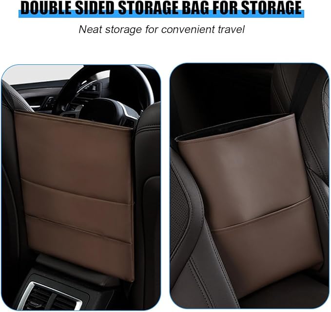 Car Handbag Holder Between Seats, Leather Large Capacity Vehicle Front Seat Purse Organizer Pocket, Automotive Consoles Storage Barrier of Pet Kids, Universal for SUV RV Truck (Brown)
