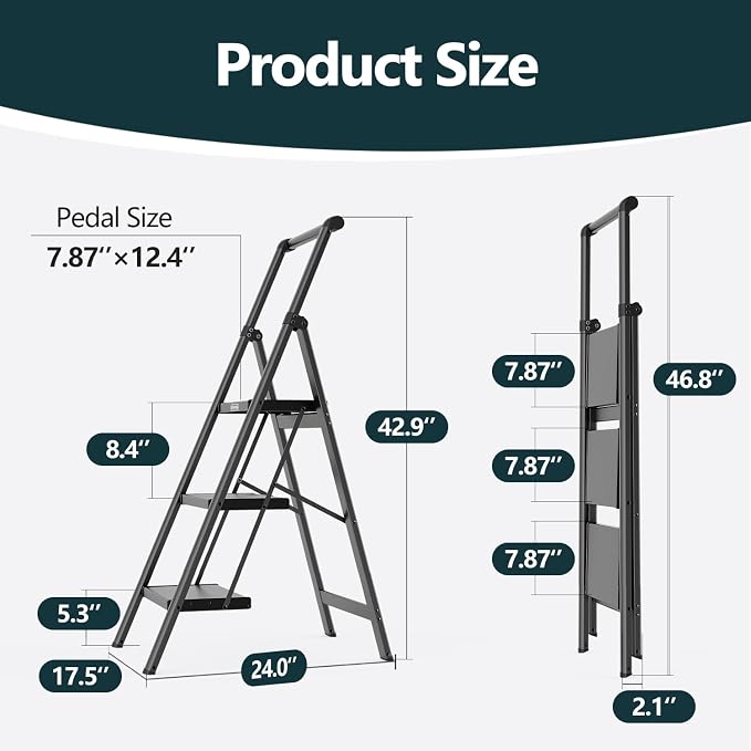 WOA WOA 3 Step Ladder, Ladders for Home, Anti-Slip Pedals, Aluminum Step Stool Foldable, Lightweight to Move, Ease of Storage, Reach 8ft for Closet Kitchen Library, Hold 300lbs - Black