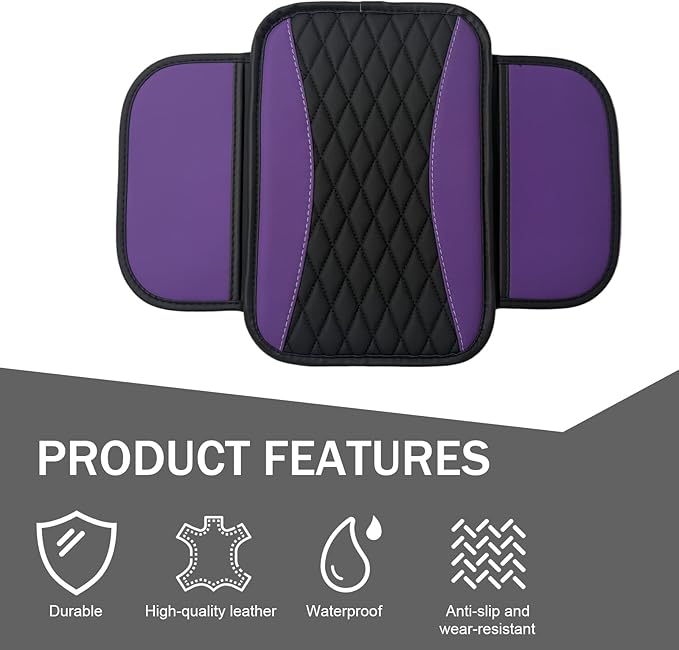 Car Center Console Cover, Patchwork Leather Armrest Cover Cushion with 2 Storage Bag, Waterproof Comfortable Auto Arm Rest Pad, Universal Center Console Protector for Sedan, SUV (Purple)