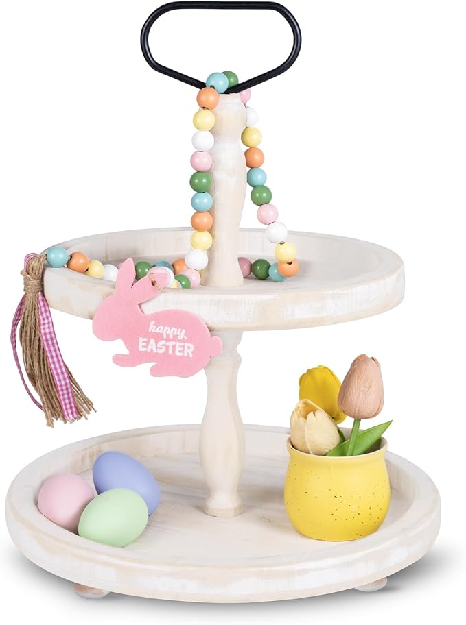 Mustry Rustic Wooden 2 Tiered Tray, Round Farmhouse Kitchen Table Decor Serving Tier Tray, Food Fruits Cupcake Display Coffee Bar Home Party Seasonal Decorations (White)