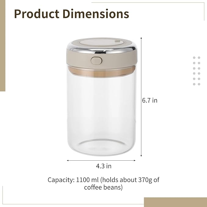 Coffee Bean Storage Container with CO2 One-Way Valve, 1100 ml Clear Glass Coffee Canister with Date Tracker, Vacuum Storage Container for Beans, Grain, Snack, Sugar, Tea, 6.3 x 4.45 in