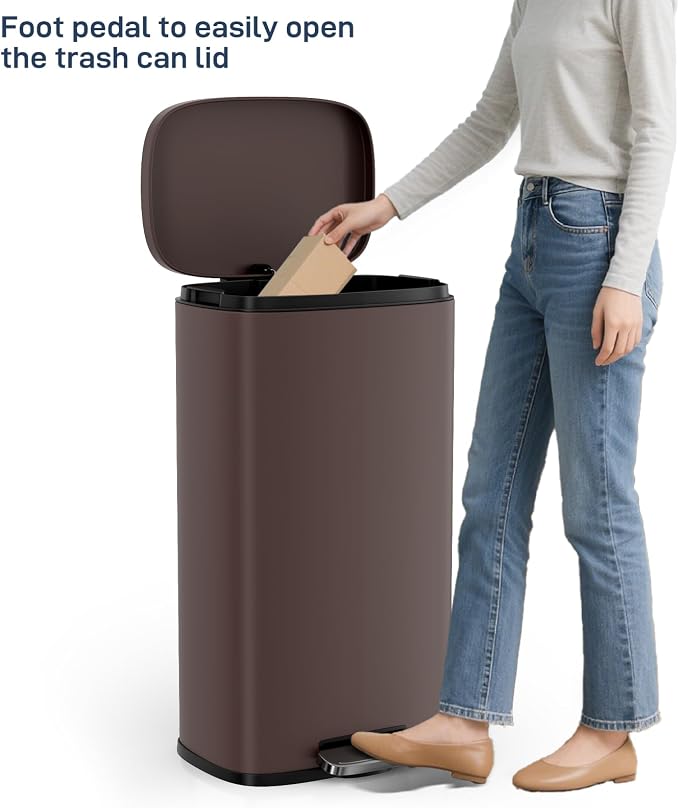 Arlopu 8 Gallon Step Trash Can, Stainless Steel Garbage Bin, Soft-Close Rubbish Bin with Removable Plastic Inner Bucket, Fingerprint-Proof, Lid Dustbin, Suit for Kitchen Home (Brown, 30L)