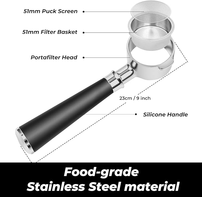 51mm Bottomless Portafilter 2 Ears Fits for Delonghi ECP3420, EC155, BCO430, EC260, and ECP3120, Includes Puck Screen, Double Shot Filter Basket