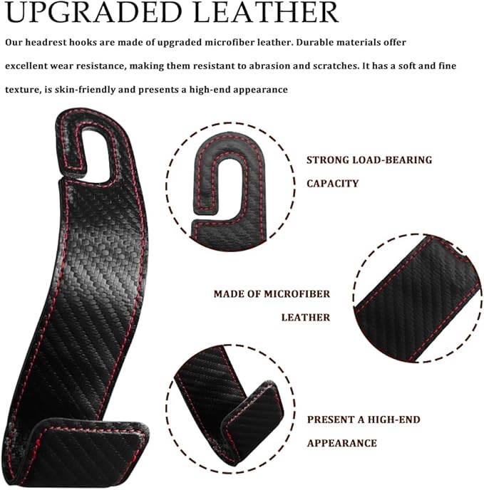 2PCS Purse Holder for Car, Purse Hook for Car, Leather Headrest Hooks for Automotive Back Seat, Auto Accessories Back Seat Organizer Hook for Grocery Bag Handbag Coat (Carbon Fiber, 2PCS)