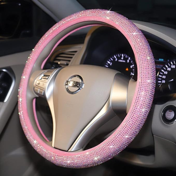 Car Steering Wheel Cover Pink for Women Girls Cute Bling Accessories 15 Inch Universal Colorful Crystal Rhinestone Diamond Rainbow Anti-Slip Wheel Protector