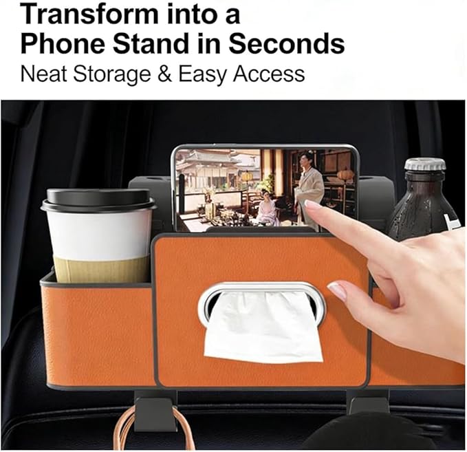 Car Organizers and Storage Box, Car Organizer Storage Box Back Seat, Multifunctional 3-in-1 Cars Organizer with Tissue, Tissue Boxs and Storages Hook, for Hold Phone, Drinks, Handbag (Beige)