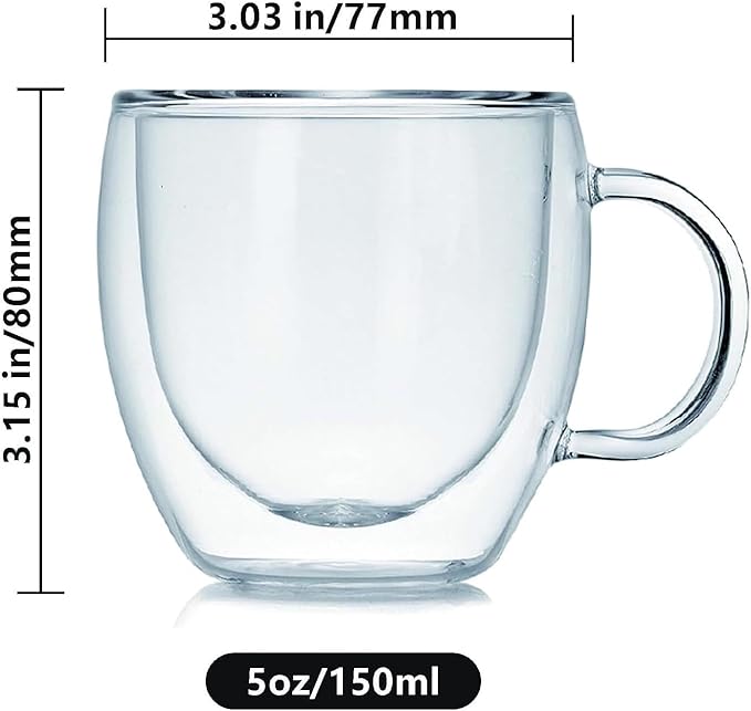Espresso Cups Set Of 2, Double Walled Glass Coffee Mugs with Handle,Insulated Layer Coffee Cups,Clear Borosilicate Glass Mugs,Perfect for Cappuccino,Tea,Latte,Espresso (5oz-4Pack)