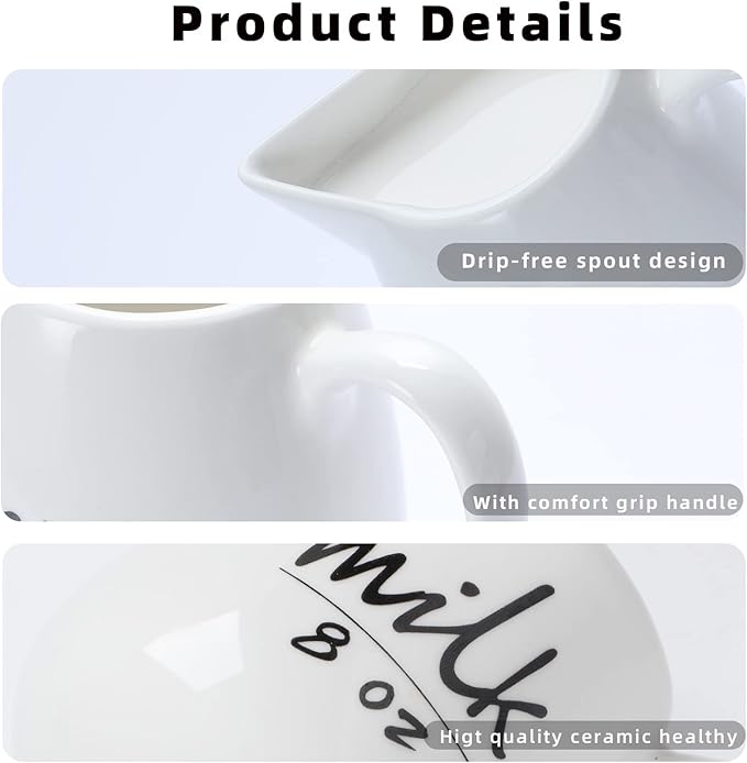 Creamer Pitcher with Handle,Ceramics Milk Creamer Container for Milk,Coffee,Sauce,Microwave Safe, White (12-Ounce, Set/1)