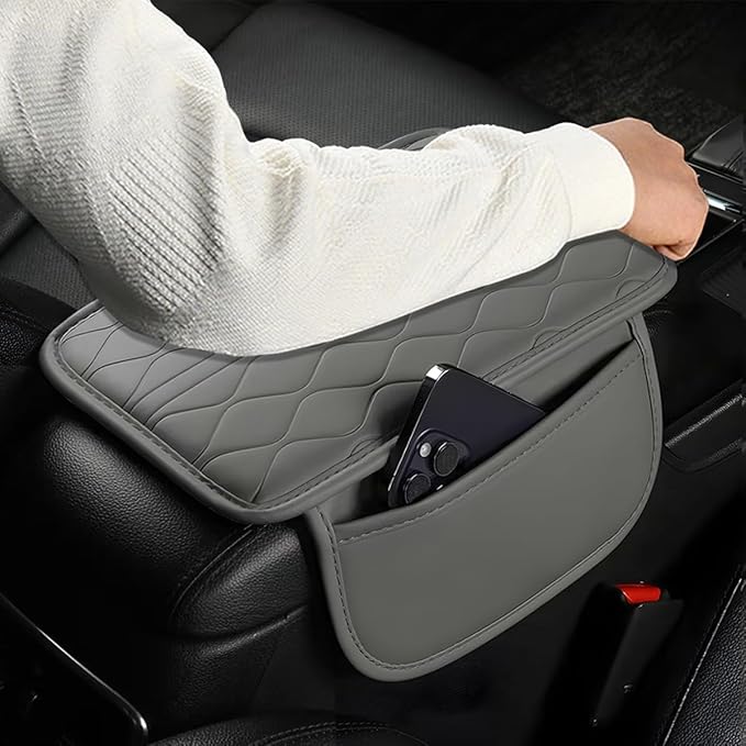 HZEL Car Center Console Cover, Scratch & Wear Resistant Soft Leather Vehicle Armrest Seat Box Cushion Pad with 2 Storage Bag, Waterproof Automotive Interior Protector, Universal Fit (Gray)