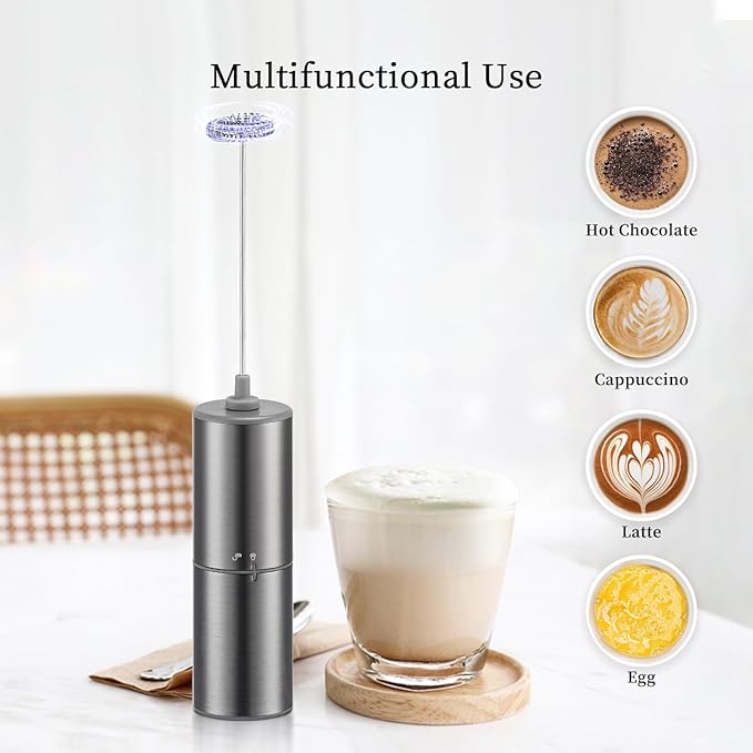 Battery Operated Coffee Frother by ELMWAY, Stainless Steel Electric Whisk, Mini Milk Frother Handled for Coffee, Latte, Matcha and Protein Powder (Gunmetal without Stand)