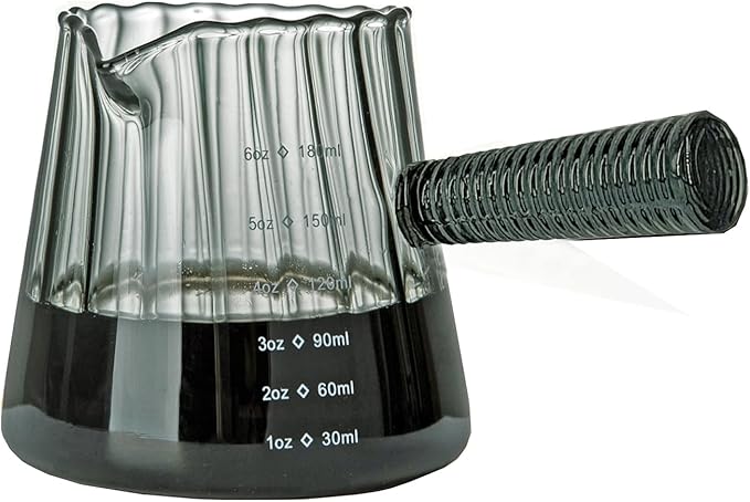 FANTESTICRYAN 6OZ Measuring Cup, Ribbed Borosilicate Glass Espresso Cup, V-Shaped Spout Drain Espresso Double Shots, Coffee Milk Tea Accessories (Dark Gray, Glass Handle)