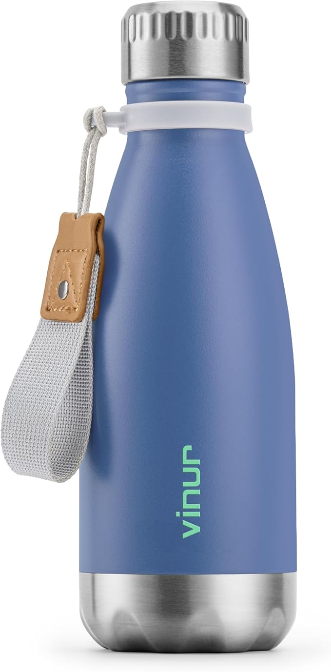 VINUR Kids Water Bottle-12 oz Stainless Steel Double Wall Vacuum Insulated Water Bottle for School-Cola Shape Flask with Carry Rope(Royal Blue)