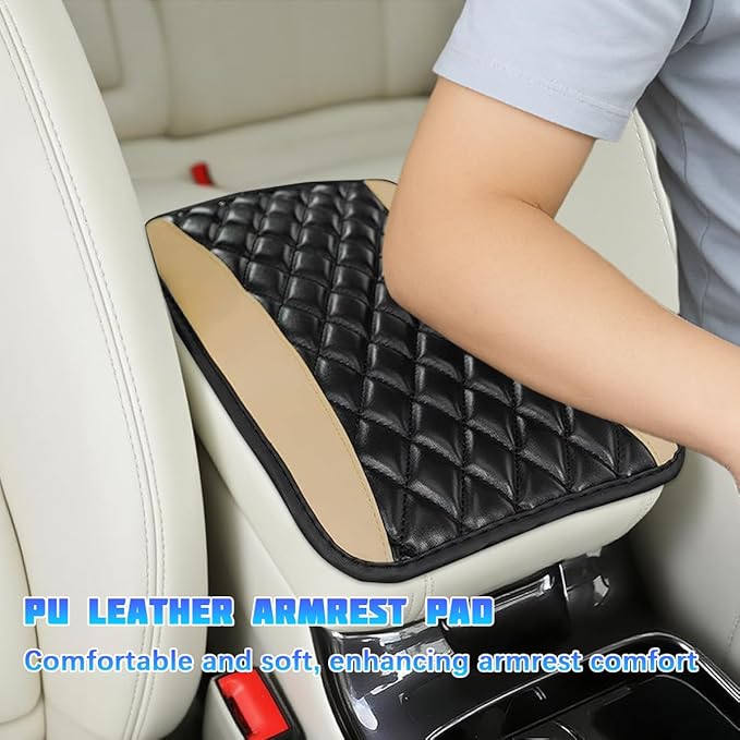 Car Center Console Cover, Comfortable PU Leather Vehicle Armrest Storage Box Cushion Pad, Anti-Scratch Automotive Interior Arm Rest Cover Protector, Universal for Truck SUV Sedan (Beige)