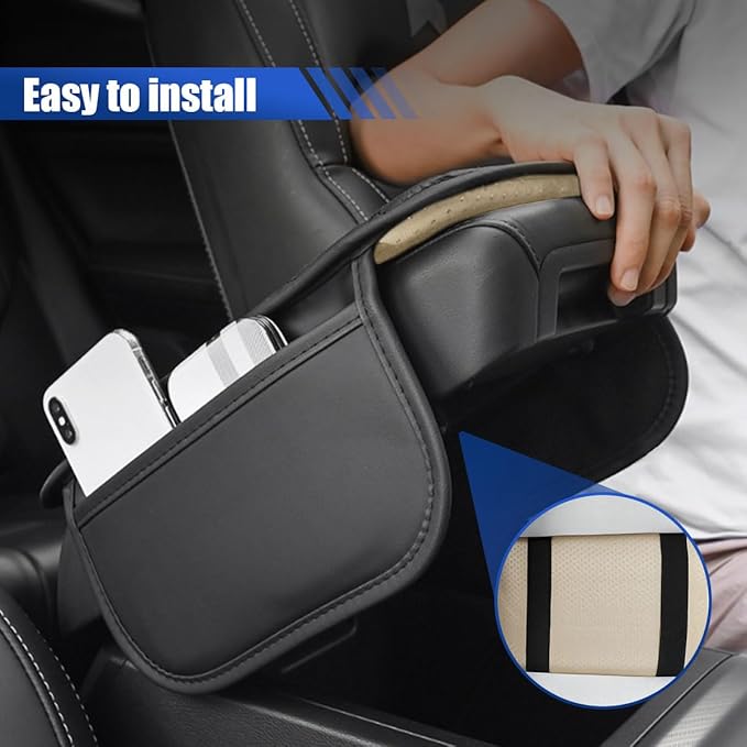 Car Center Console Cover with 2 Storage Bags - Leather Car Armrest Cushion Pad Vehicle Middle Console Cover, Universal Armrest Seat Box Protector Auto Interior Accessories for SUV, Truck, Sedan(Black)