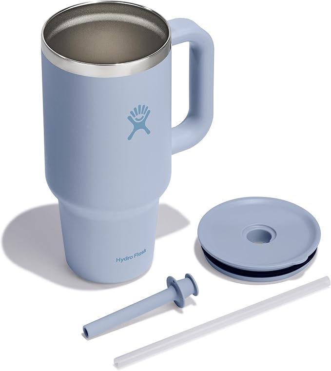 Hydro Flask Travel Tumbler with Handle, Lid and Straw - Insulated Stainless Steel in 32 Oz Surf Blue