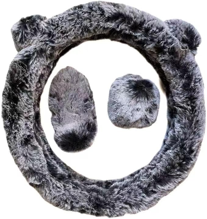 Fuzzy Steering Wheel Cover, Cute Fluffy Car Wheel Cover Women Bear Panda Ears 14.5" 15inch, Soft Warm Furry Plush Wool Fur Wheel Protector & Handbrake & Gear Shift Cover Set, Winter Warmer hands, Grey