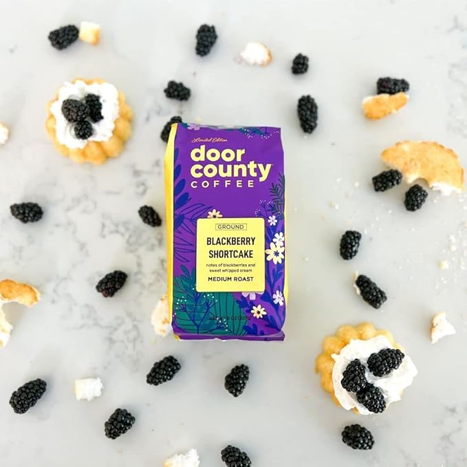 Door County Coffee Blackberry Shortcake, Flavored Coffee Ground - 8 oz Bag - Spring-Summer Seasonal - Medium Roast - 100% Specialty Arabica - Blackberries & Sweet Cream Flavored