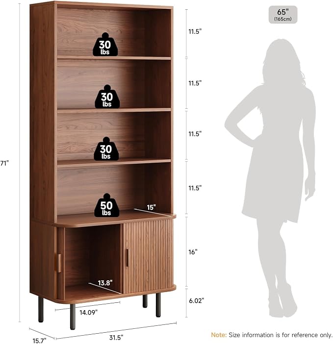 ONBRILL 71" Tall Bookshelf, 4-Tier Bookcase with Storage Cabinet & Adjustable Storage Shelf, Freestanding Wood Bookshelf with Sliding Door and Adjustable Footpad, for Home Office, Living Room, Walnut