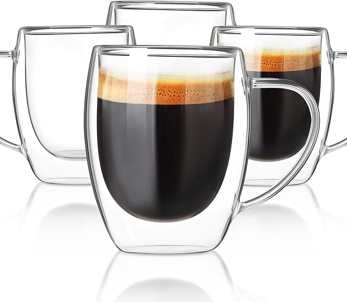 Double Walled Glass Coffee Mugs, Glass Coffee Mugs Set Of 4, Glass Coffee Cups with Handles, 12OZ, Suitable for Cappuccino, Latte, Espresso, Hot Drinks, Cold Drinks
