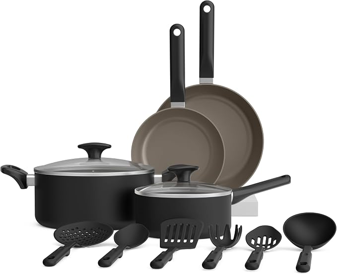 bella 12 Piece Cookware Set with EverGood™ Ceramic Nonstick Coating, Dishwasher & Oven Safe, All Stovetops Compatible, Tempered Glass Lids and Cool Touch Handles, Black