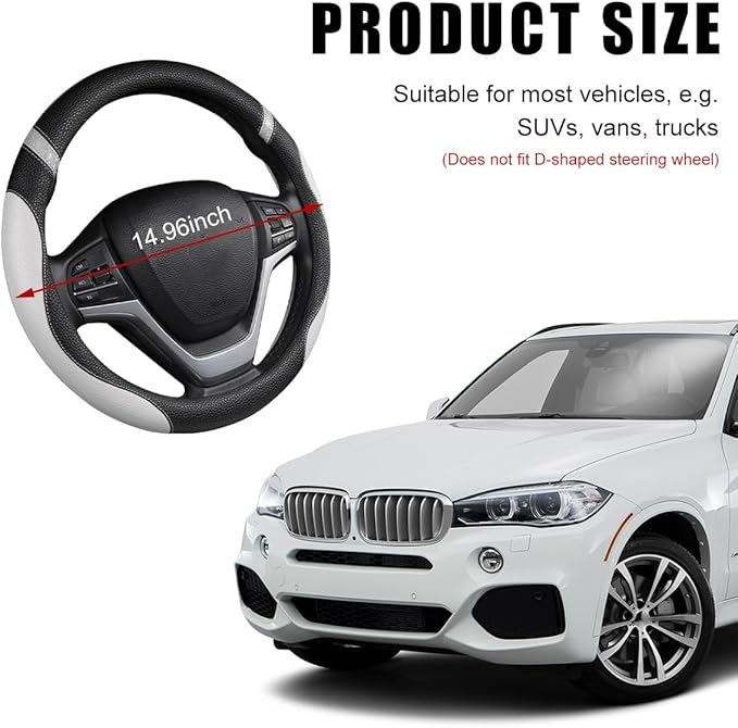 Car Steering Wheel Cover, Non-Slip Leather Auto Steering Wheel Protector, Comfortable Steering Wheel Cover Protector for Most Cars, Universal Interior Car Accessories (Gray)