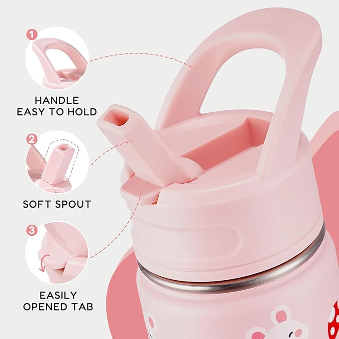 12oz Water Bottle for School, Bottles with Straws, Stainless Steel Vacuum Insulated Water Bottle, Leak-Proof, BPA-Free, Pink Rabbit