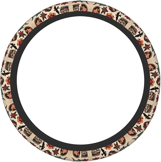 America Traditional Tattoo Car Steering Wheel Cover, 15 Inch Steering Wheel Cover Stylish Decor for Most Cars
