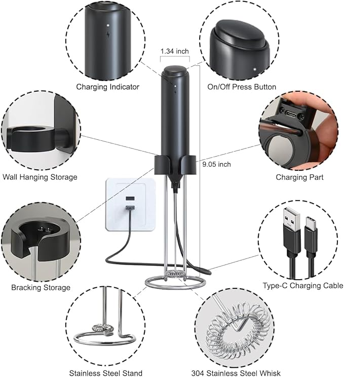 Handheld Milk Frother Wand Rechargeable with Stand/Electric Whisk Coffee Frother Handheld/Milk Frother Rechargeable Coffee Mixer Wand/Drink Mixer Hand Frother mixer