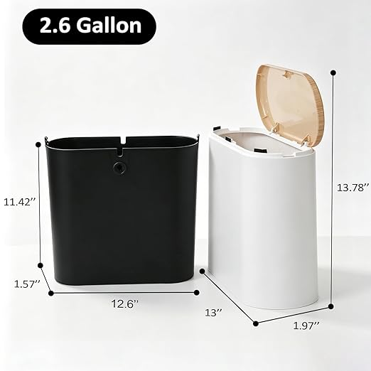 Small Bathroom Trash Can with Lid, 10L/2.6 Gal Slim Wastebasket - Odor & Pet Proof, Inner Bucket & Wood Grain Top, Plastic White Garbage Can for Kitchen, Bedroom, Living Room, Office, RV