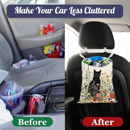 Black Cat Wildflower Print Car Trash Bag Portable Hanging Garbage Bag with Snap Buttons Back Seat Rubbish Storage Dustbin for Women Man Car Interior Accessories Kitchen Home Travel