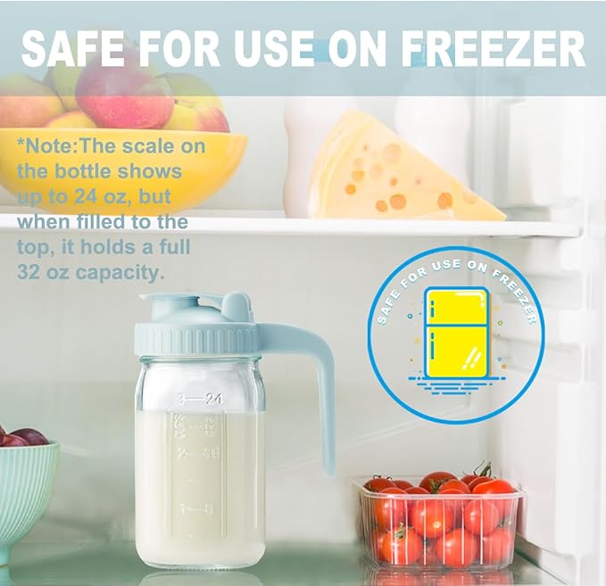 2 Pack 32oz Glass Pitcher with Lid & V-shaped Pour Spout - 1 Quart Double Leak Proof, Creamer Container for Sun Tea, Juice, Cold Brew Coffee, Breastmilk Storage Container