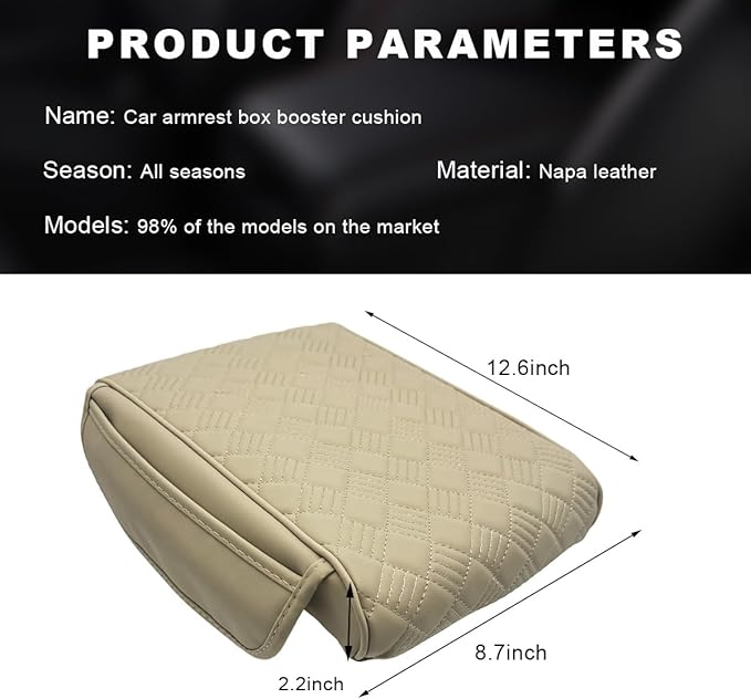 Car Center Console Cover, 12.6"×8.7" Waterproof Leather Auto Armrest Box Protector Elbow Pillow with Storage Pocket, Comfortable Memory Foam Arm Rest Box Cushion Pad, Car Accessories (Beige)